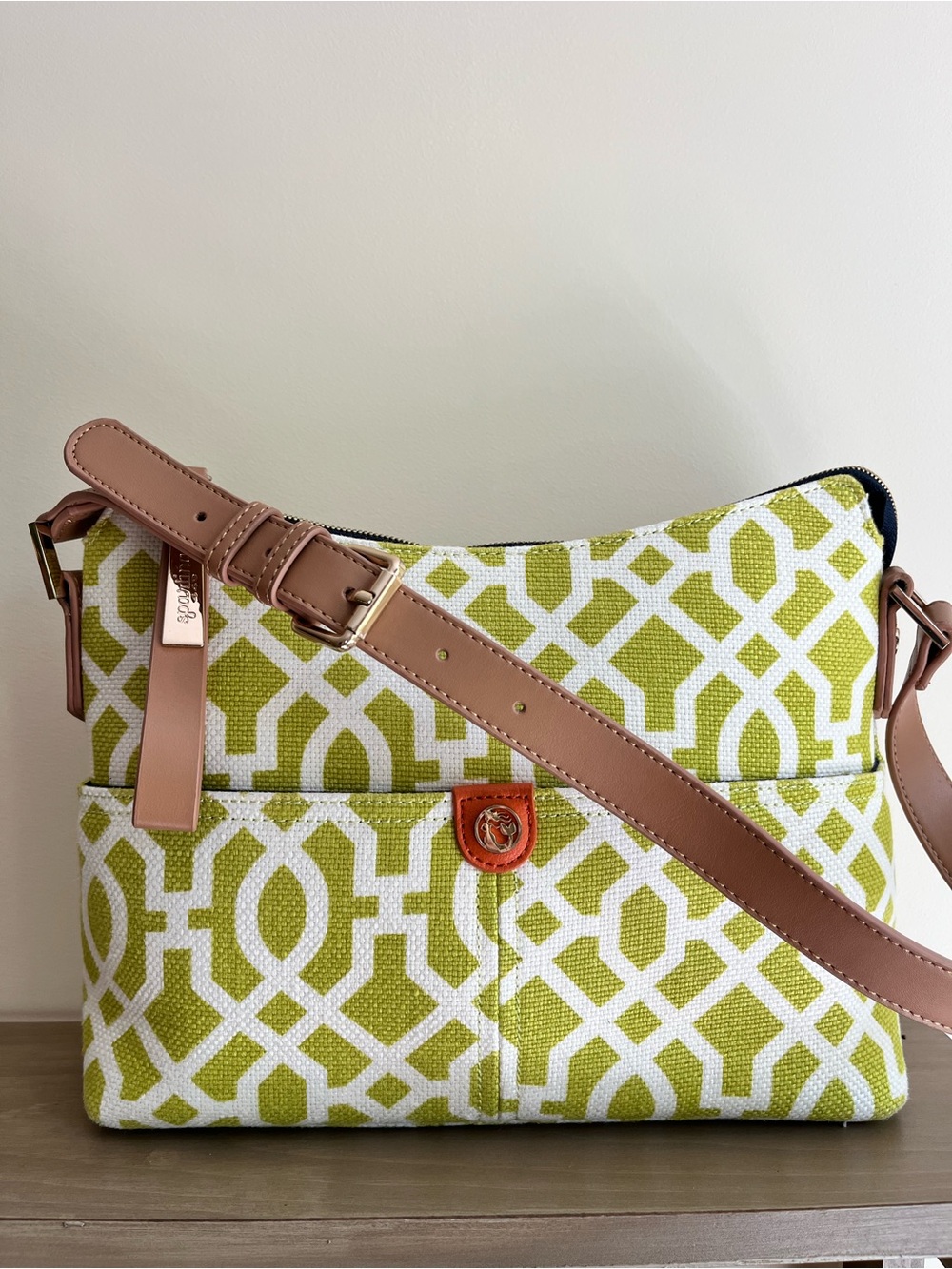 Spartina 449 NWOT Lime Green Geometric Crossbody with Tan Strap